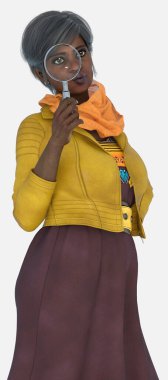 Agatha 'nın portresini yakından çek. Güzel, yaşlı bir kadın. Gri saçlı, izole beyaz bir arka planda amatör dedektif gibi davranıyor. Agatha, renkli sarı deri ceketli, uzun kahverengi bir elbise giyen 3D resimli bir karakter modeli..