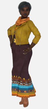 Agatha 'nın bütün vücut portresi, güzel, yaşlı bir kadın, beyaz bir arka planda beyaz saçlarıyla güven içinde poz veriyor. Agatha, renkli sarı deri ceketli, uzun kahverengi bir elbise giyen 3D resimli bir karakter modeli..