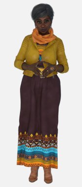 Agatha 'nın bütün vücut portresi. Gri saçlı, güzel, yaşlı bir kadın. Parmakları izole beyaz arka planda dikiliyor. Agatha 3D resimli karakter modeli. Renkli sarı deri ceketli, uzun kahverengi bir elbise giyiyor..