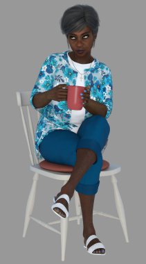 Agatha 'nın tam boy portresi. Mutfak sandalyesinde oturan, kahve içen, çayını döken gri arka planda dedikodu yapan yaşlı, gri saçlı bir kadın. Agatha üç boyutlu resimli bir karakter modellemesidir..