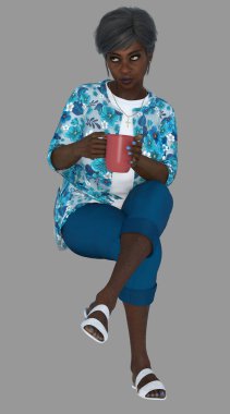 Agatha 'nın tam boy portresi, bir sandalyede oturan yaşlı gri saçlı bir kadın izole edilmiş gri arka planda kahve fincanı içiyor. Agatha üç boyutlu resimli bir karakter modellemesidir..