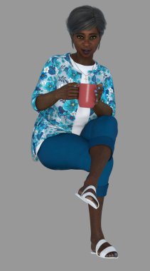 Agatha 'nın tüm vücut portresi, güzel, gri saçlı, görünmez bir sandalyede oturan, izole edilmiş gri arka planda kahve içen bir kadın. Agatha, sandaletli şirin mavi bir bahar giysisi giyen üç boyutlu resimli bir karakter modeli..