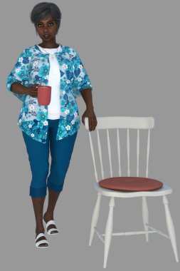 Agatha 'nın tam boy portresi, bahar kıyafetli yaşlı güzel bir kadın elinde bir fincan kahve ya da mutfak sandalyesine yaslanmış bir fincan kakao tutuyor. Agatha, izole edilmiş bir arkaplanda üç boyutlu bir illüstrasyon karakter modelidir.. 