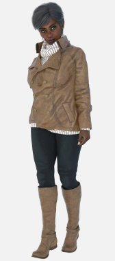 Agatha 'nın tam boy portresi, izole bir arka planda sessizce sürünen yaşlı, gri amatör bir kadın. Agatha, kahverengi deri ceket ve fötr şapka giyen üç boyutlu bir çizim modeli..