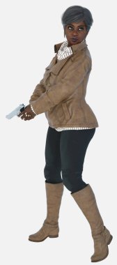 Agatha 'nın tam boy portresi, yaşlı, gri, amatör bir kadın dedektif kadın dedektif sürünürken ya da gizlice arka planda silah taşırken ya da tutarken. Agatha, kahverengi deri ceket giyen üç boyutlu bir çizim modeli..