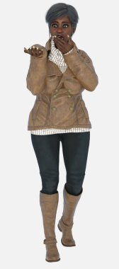 Agatha 'nın tam boy portresi, yaşlı, gri amatör dedektif kadın elini uzatmış, korkmuş bir şeyi tutuyor yalnız bir arkaplanda. Agatha, kahverengi deri ceket ve fötr şapka giyen üç boyutlu bir resimli karakter modeli.