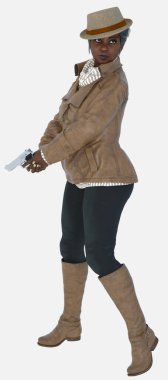 Agatha 'nın tam boy portresi, izole bir arka planda sessizce sürünürken silah taşıyan yaşlı, gri, amatör bir kadın dedektif. Agatha, kahverengi deri ceket ve fötr şapka giyen üç boyutlu bir çizim modeli..