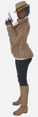 Agatha 'nın tam boy portresi, izole edilmiş bir arka planda elinde tabanca olan yaşlı, gri saçlı, amatör dedektif kadın. Agatha, kahverengi deri ceket ve fötr şapka giyen üç boyutlu bir çizim modeli..