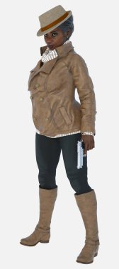 Agatha 'nın tam boy portresi. Gri saçlı, yaşlı, amatör bir dedektif kadın dedektif. Arka planda gümüş bir tabanca taşıyor. Agatha, kahverengi deri ceket ve fötr şapka giyen üç boyutlu bir çizim modeli..