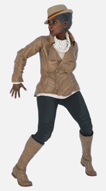 Agatha 'nın tam boy portresi, izole edilmiş arka planda ağzı açık bir şekilde duvarın arkasına saklanan yaşlı, gri amatör dedektif kadın. Agatha, kahverengi deri ceket ve fötr şapka giyen üç boyutlu bir çizim modeli.. 