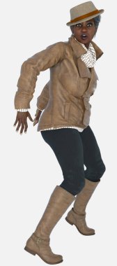 Agatha 'nın tam boy portresi, izole edilmiş arka planda ağzı açık bir şekilde duvarın arkasına saklanan yaşlı, gri amatör dedektif kadın. Agatha, kahverengi deri ceket ve fötr şapka giyen üç boyutlu bir çizim modeli.. 