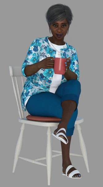 Повний Портрет Агати Старшої Сіроволосистої Жінки Яка Сидить Стільці Чашку — стокове фото