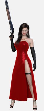 Nico 'nun tam boy portresi, ince uzun Jessica Rabbit tarzı kırmızı elbiseli, siyah saçlı, genç, güzel bir Asyalı kadın. Saten eldivenli, beyaz arka planda silah tutuyor. Nico üç boyutlu bir illüstrasyon karakter modellemesidir..