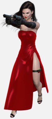 Nico 'nun tam boy portresi, ince uzun Jessica Rabbit tarzı kırmızı elbiseli, siyah saçlı, genç, güzel bir Asyalı kadın. Saten eldivenli, beyaz arka planda silah tutuyor. Nico üç boyutlu bir illüstrasyon karakter modellemesidir..