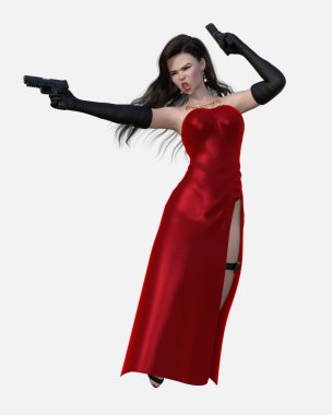 Nico 'nun tam boy portresi, ince uzun Jessica Rabbit tarzı kırmızı elbiseli, siyah saçlı, genç, güzel bir Asyalı kadın. Saten eldivenli, beyaz arka planda silah tutuyor. Nico üç boyutlu bir illüstrasyon karakter modellemesidir..