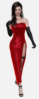 Full length portrait of Nico, a young beautiful Asian woman in a long, slinky, Jessica Rabbit style dress with thigh high slit and black satin gloves standing on an isolated white background. Nico is a 3D illustration character model render. clipart