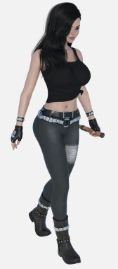 Nico 'nun tam boy portresi, güzel esmer bir kadın vampir avcısı izole edilmiş beyaz bir arka planda tahta bir kazıkla yürüyor. Nico üç boyutlu bir illüstrasyon karakter modellemesidir.. 