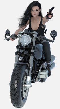 Nico 'nun tam boy portresi, güzel siyah saçlı baştan çıkarıcı kadın, beyaz bir arka planda motosiklet sürerken silah ateşlemek için can atıyor. Nico üç boyutlu bir illüstrasyon karakter modellemesidir.. 
