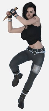 Nico 'nun tam boy portresi, güzel esmer bir kadın vampir avcısı izole edilmiş beyaz bir arka planda tahta bir kazıkla saldırıyor. Nico üç boyutlu bir illüstrasyon karakter modellemesidir.. 