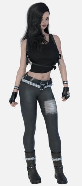 Nico 'nun tam boy portresi, siyah saçlı güzel bir kadın izole edilmiş beyaz bir arka planda gelişigüzel duruyor. Nico, kot pantolon ve silah kılıflı siyah kesilmiş bluz giyen üç boyutlu bir çizim karakter modeli..