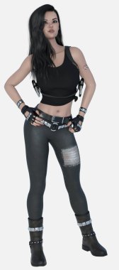 Full length portrait of Nico, a young beautiful woman with black hair standing casually on an isolated white background. Nico is a 3D illustration character model render wearing denim jeans and a black cropped top with gun holsters.