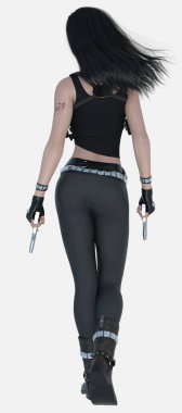 Nico 'nun tam boy arka plan portresi. Uzun, parlak siyah saçlı, kot pantolon ve çizme giymiş, izole edilmiş beyaz arka planda bir çift gümüş tabanca taşıyan güzel bir kadın. Nico üç boyutlu bir illüstrasyon karakter modellemesidir.. 