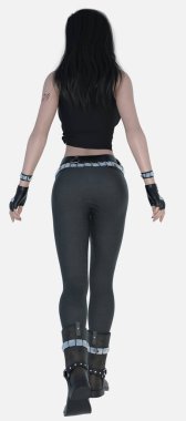 Nico 'nun tam boy dikiz manzaralı portresi, izole edilmiş beyaz bir arka planda duran çekici, güzel, esmer bir kadın. Nico, bir distopyan ya da aksiyon macera kitabı kapağı için üç boyutlu bir tasvirdir..