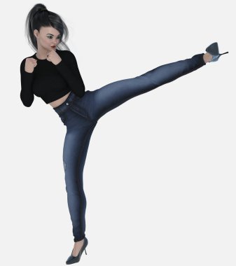 Nico 'nun tam boy portresi, izole edilmiş beyaz bir arka planı tekmeleyen güzel esmer bir kadın. Nico, kot pantolon, uzun kollu siyah gömlek ve şık at kuyruklu topuklu yüksek topuklu ayakkabı giyen üç boyutlu bir illüstrasyon karakter modeli..