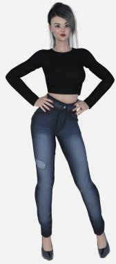Full body portrait of Nico, a young beautiful brunette woman standing akimbo on an isolated white background. Nico is a 3D illustration character model render wearing jeans and a cropped long-sleeve black shirt and high heels with a sleek ponytail.