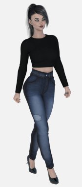 Nico 'nun tam vücut portresi, izole edilmiş beyaz arka planda yürüyen güzel esmer bir kadın. Nico, kot pantolon, uzun kollu siyah gömlek ve şık at kuyruklu topuklu yüksek topuklu ayakkabı giyen üç boyutlu bir illüstrasyon karakter modeli..