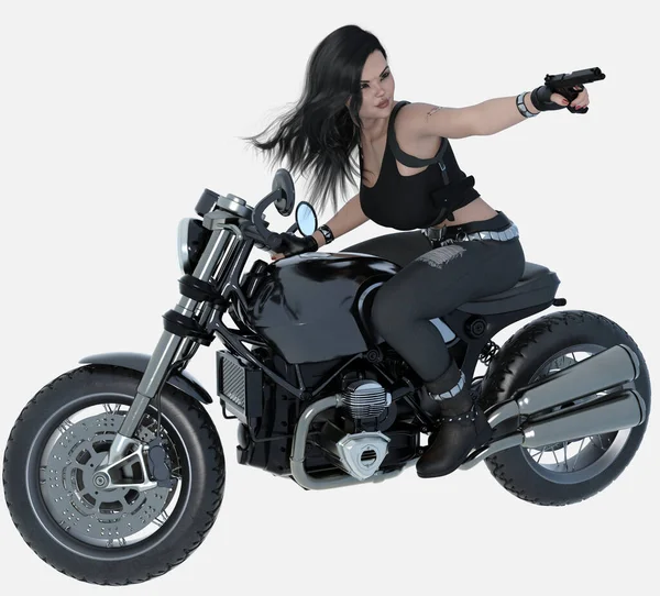 Nico 'nun tam boy portresi, genç, siyah saçlı baştan çıkarıcı bir kadın geriye bakıyor, beyaz bir arka planda motosiklet sürerken silah ateşliyor. Nico üç boyutlu bir illüstrasyon karakter modellemesidir.. 