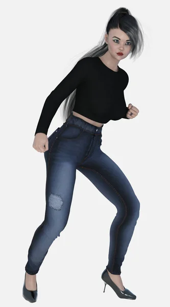 Full body portrait of Nico, a young beautiful brunette woman fighting on an isolated white background. Nico is a 3D illustration character model render wearing denim jeans and a cropped long-sleeve black shirt and high heels with a sleek ponytail.