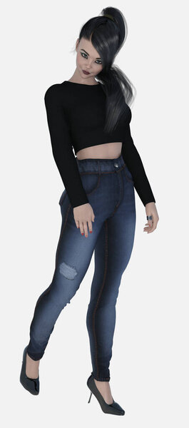 Full body portrait of Nico, a young beautiful brunette woman standing casually on an isolated white background. Nico is a 3D illustration character model render wearing jeans and a cropped long-sleeve black shirt and high heels with a sleek ponytail.