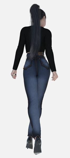 Full length rear view portrait of Nico, a young beautiful woman with long sleek black hair walking away wearing jeans, high heels, and a black crop top on an isolated white background. Nico is a 3D illustration character model render. 