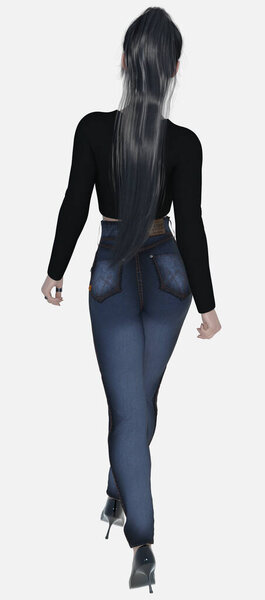 Full length rear view portrait of Nico, a young beautiful brunette woman walking away on an isolated white background. Nico is a 3D illustration character model render wearing jeans and a cropped black shirt and high heels with a sleek ponytail.