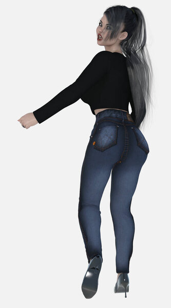 Full body portrait of Nico, a young beautiful black-haired woman terrified scared afraid running away being chased and looking over her shoulder on an isolated white background. Nico is a 3D illustration character model render.