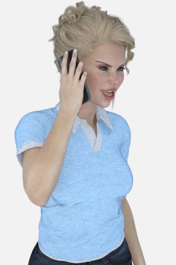 Cecily 'nin portresini yakından çek. Sarışın, mavi gözlü, güzel bir kadın. Cep telefonuyla konuşuyor. Cecily üç boyutlu bir illüstrasyon karakter modellemesidir..