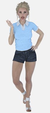 Cecily 'nin tam boy portresi. Sarışın, mavi gözlü, güzel bir kadın. Elini uzatmış, kalçasında oturuyor ve izole bir arka planda mutlu bir şekilde gülümsüyor. Cecily üç boyutlu bir illüstrasyon karakter modellemesidir..