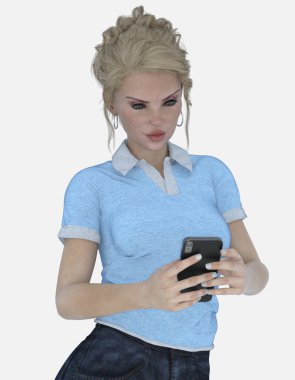 Cecily 'nin portresini yakından çek. Sarışın, mavi gözlü, izole edilmiş beyaz arka planda cep telefonu tutan ve mesajla iletişim kuran güzel bir sarışın kadın. Cecily üç boyutlu bir illüstrasyon karakter modelleme işidir.. 