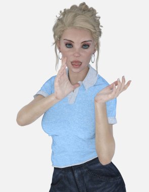 Cecily 'nin portresini yakından çek. Eli ağzında duran güzel, sarışın bir kadın izole bir arka planda sırlarını anlatıyor. Cecily üç boyutlu bir illüstrasyon karakter modellemesidir..