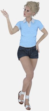 Cecily 'nin tam boy portresi. Mavi gözlü, genç, sarışın bir kadın. Kalçasında ve diğer elinde bir şeye bakıyor ya da izole edilmiş beyaz bir arka plana bakıyor. Cecily üç boyutlu illüstrasyon karakter modelleme bilgisayarıdır