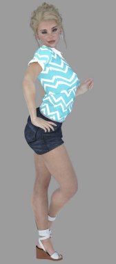 Cecily 'nin tam boy yan portresi, genç, sarışın, mavi gözlü ve çilli bir kadın izole bir arka planda duruyor. Cecily bir 3D çizim karakter modellemesidir.. 