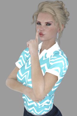 Cecily 'nin portresini yakından çek, mavi gözlü genç bir kadın izole bir arka planda duruyor ve parmağı dudaklarında şşşş yapıyor. Cecily, mavi gözlü, çilli ve sarı saçlı üç boyutlu bir kadın karakter modeli..