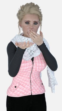 Cecily 'nin portresini yakından çek. Sarışın, mavi gözlü, yalnız bir arkaplanda eli boş duran güzel bir kadın. Cecily üç boyutlu bir illüstrasyon karakter modellemesidir..