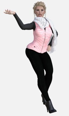 Cecily 'nin tam boy portresi. Görünmez bir masaya ya da sandalyeye yaslanmış güzel sarı saçlı, mavi gözlü bir kadın. İzole bir arka planda elini yukarı ve dışarı uzatarak kendi mobilyalarını ekliyorsun. Cecily üç boyutlu bir illüstrasyon karakter modelleme işidir..