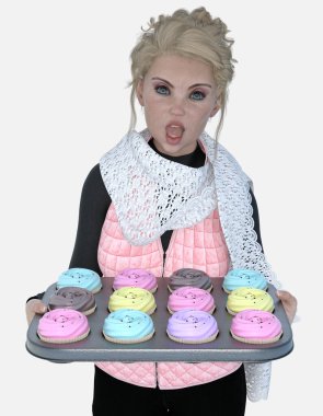 Cecily 'nin yakın plan portresi, izole edilmiş beyaz arka planda duran bir doğum günü partisi için elinde kek tepsisi tutan güzel sarışın fırıncı kız. Cecily üç boyutlu bir illüstrasyon karakter modelleme işidir..