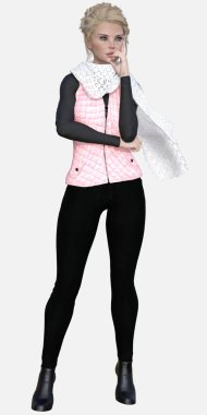 Cecily 'nin tam boy portresi. Pembe sonbahar kıyafetli, güzel sarı saçlı, mavi gözlü bir kadın. Parmağı yanağında, izole bir arka planda duruyor. Cecily üç boyutlu bir illüstrasyon karakter modelleme işidir..