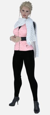 Cecily 'nin tam boy portresi, genç, güzel, sarışın, mavi gözlü, parmakları birbirine dolanmış, izole bir arka planda duran bir kadın. Cecily üç boyutlu bir illüstrasyon karakter modelleme işidir..