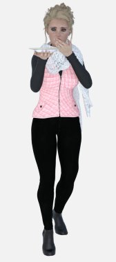 Cecily 'nin tam boy portresi, genç, sarışın, mavi gözlü bir kadın tek eliyle ağzını kapatıyor ve elleri dışarıda, izole bir arka planda dehşet içinde duruyor. Cecily üç boyutlu bir illüstrasyon karakter modellemesidir..