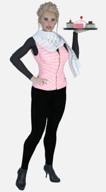 Cecily 'nin tam boy portresi. Sarışın, mavi gözlü genç bir kadın. Restoranda ya da kafede garsonluk yapıyor. Cecily üç boyutlu bir illüstrasyon karakter modellemesidir..